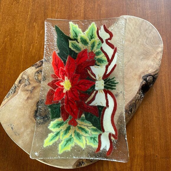 Peggy Karr Fused Glass Poinsetta Plate - Picture 1 of 7